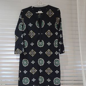 crown & ivy Black Tunic Dress with Green and Yellow Medallion Print